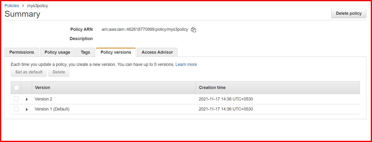 Picture showing the versions of policy created